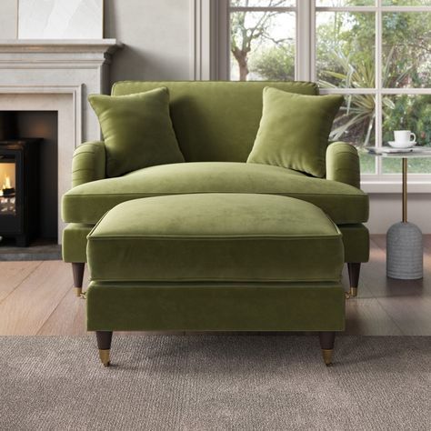 Olive Green Chair, Footstool Living Room, Velvet Love Seat, Large Footstool, Green Couch Living Room, Cottage Lounge, Snuggler Chair, Green Velvet Armchair, Green Velvet Chair