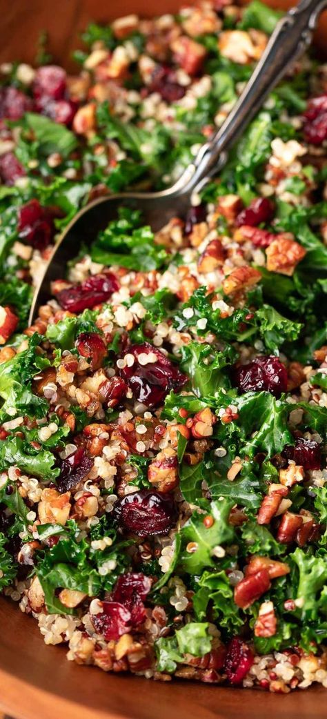 kale quinoa salad with cranberries and candied pecans Candied Pecans For Salad, Salad With Cranberries, Kale Quinoa Salad, Kale Quinoa, Massaged Kale, Kale Recipes, Candied Pecans, Kale Salad, Quinoa Recipes