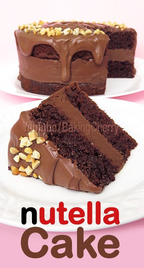 Chocolate Nutella cake recipe. A fluffy chocolate cake, moistened with a Nutella syrup, filled with a creamy Nutella cheesecake, and topped with more Nutella and toasted hazelnuts! If you like chocolate, you will love this cake! #cake #dessert #recipe #nutella #chocolate #homemade #birthday Nutella Syrup, Nutella Cake Recipe, Chocolate Nutella Cake, Nutella Desserts Easy, Nutella Birthday Cake, Diy Nutella, Nutella Recipes Cake, National Chocolate Cake Day, Recipes With Chocolate