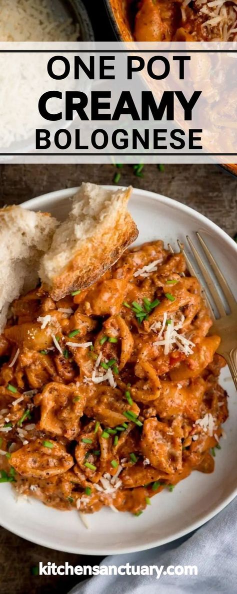 Creamy Bolognese, Beef Bolognese Recipe, Pasta Bolognese Recipe, Beef Bolognese, Shell Pasta Recipes, Pan Pasta, Bolognese Sauce Recipe, Kitchen Sanctuary, One Pan Pasta