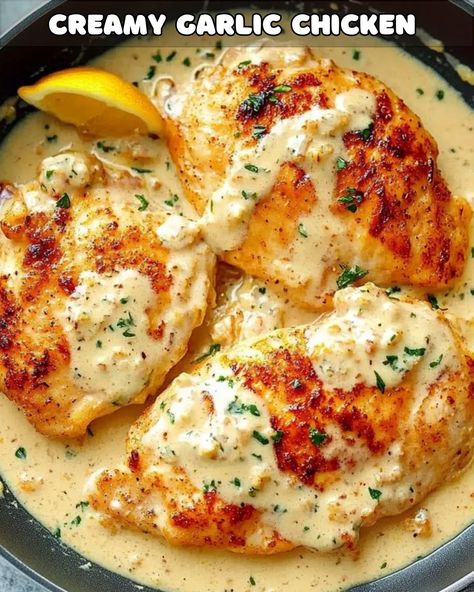 Creamy Garlic Chicken Delight Creamy Chicken Lazone, Creamy Garlic Bacon Chicken, Creamy Chicken Sauce Recipes Easy, Slow Cooker Creamy Garlic Chicken, Creamy Garlic Pesto Chicken, Chicken Recipes With Greek Yogurt, Crockpot Creamy Chicken Recipes, Baked Creamy Chicken Recipes, Chicken Thigh Alfredo