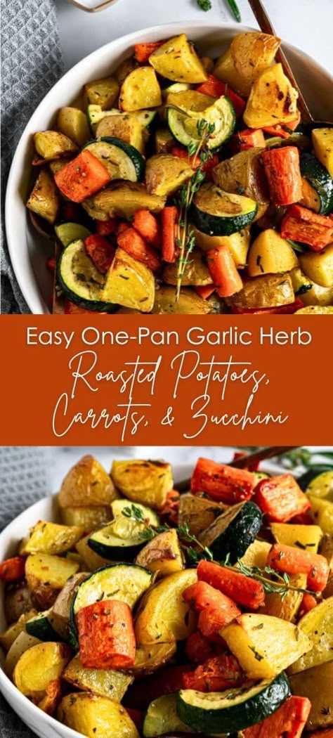 Easy One-Pan Garlic Herb Roasted Potatoes, Carrots, & Zucchini - Yummy and fully Roasted Potatoes And Squash In Oven, Garlic Herb Roasted Potatoes Carrots And Zucchini Recipe, Zucchini Sweet Potato Recipes, Roasted Potatoes And Squash, Potato And Zucchini Recipes, Potato And Carrot Recipes, Garlic Herb Roasted Potatoes, Roasted Potatoes Carrots, Roasted Potatoes And Carrots