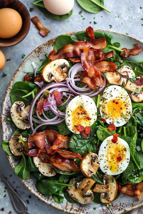 spinach salad with warm bacon dressing. Warm Bacon Vinaigrette, Wilted Spinach Salad, Simple Baked Salmon, Gf Salads, Bacon Egg Salad, Warm Bacon Dressing, Meal Salads, Bacon Vinaigrette, Simple Spinach Salad