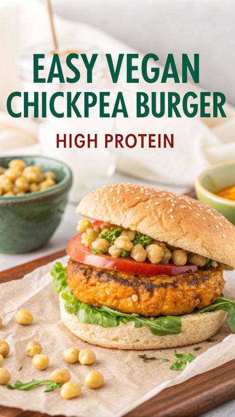 Close-up of a high-protein cauliflower chickpea patty topped with fresh greens and a toasted bun. Chickpea Veggie Burger, Easy Chickpea Burger, Vegetarian Burger Recipes, Veggie Burgers Recipe Easy, Raw Vegan Burger, Vegan Burgers Recipes Plant Based, Bean Burgers Recipe Easy, Meals With Chickpeas, Chick Pea Patties