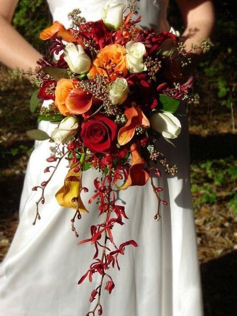 Fall Wedding Bridal Bouquets, White Bridal Gown, Cascading Wedding Bouquets, Red Bouquet Wedding, Bridal Bouquet Fall, Autumn Bride, Beautiful Wedding Flowers, White Bridal Bouquet, Fall Wedding Bouquets