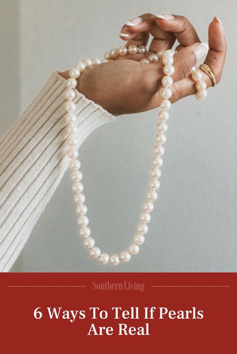 At the link, we asked two jewelry experts for their best tips on how to tell if pearls are real. #fashiontips #pearls #pearljewelry #southernliving #womensfashion Real Pearl Necklace The Pearl Source, What Do Pearls Symbolize, How To Wear Pearls Everyday, How To Tell If Pearls Are Real, Adjustable Baroque Pearl Jewelry In Pearl White, How To Style Pearls, Colored Pearl Necklace, Freshwater Pearl Drop Earrings, Heirlooms Jewelry