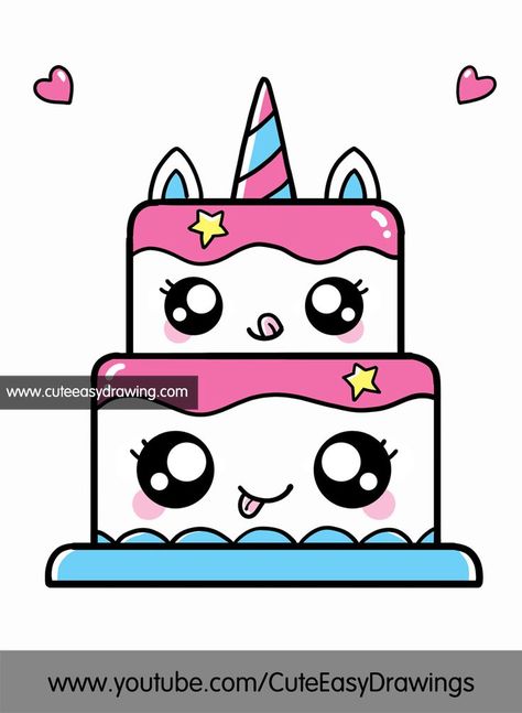 cake drawing cartoon Unicorn Cake Drawing Easy, Cute Cake Drawing Easy, How To Draw A Unicorn Step By Step, Cute Cartoon Drawings Kawaii, Unicorn Cake Drawing, Unicorn Cute Drawing, Cartoon Unicorn Drawing, How To Draw A Unicorn, Very Easy Drawings Kids