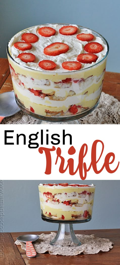 Learn how to make a traditional English trifle. Layers of delicious cake soaked in sherry, vanilla custard and berry jam topped with homemade whipped cream. Perfect for Easter, Christmas or any time you want to bring this delicious British dessert into your home. #trifle #englishtrifle #englishdessert #britishdessert #britishtrifle #custard #layereddessert #trifles #berryjam #whippedcream #madera #sherry English Truffle Recipe, Traditional English Trifle, English Dessert Recipes, Trifle Bowl Recipes, English Trifle, Trifle Dessert Recipes, English Desserts, Christmas Trifle, Trifle Recipes