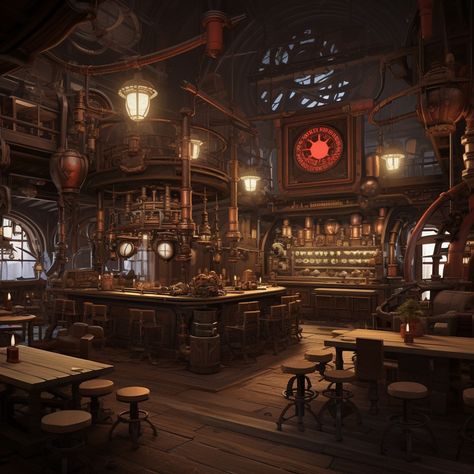 Dnd Tavern Interior, Steampunk Tavern, Fantasy Tavern Interiors, Tavern Interior, Steam Punk Bar, Inventor Workshop Concept Art, Fantasy Tavern, Fantasy Pub Concept Art, Steampunk Library Concept Art