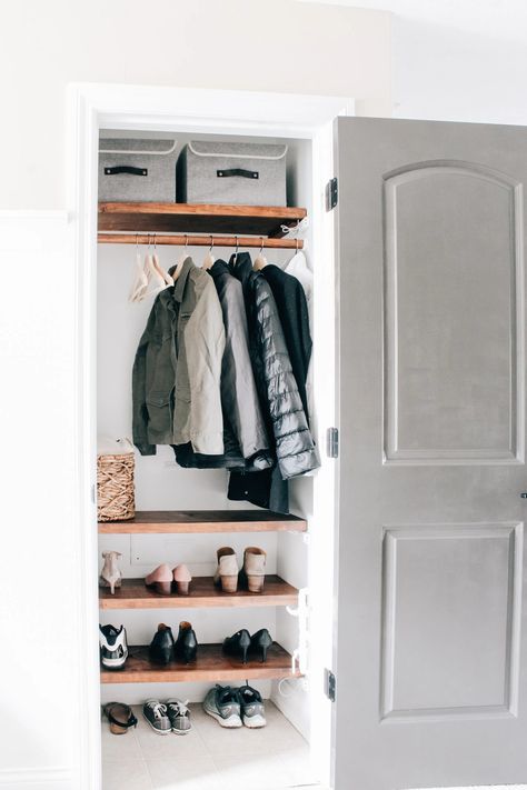 Coat Closet Revamp - designatedspacedesign.com Coat Closet Makeover, Coat Closet Ideas, Coat Cupboard, Small Coat Closet, Foyer Closet, Front Hall Closet, Front Closet, Coat Closet Organization, Closet Diy