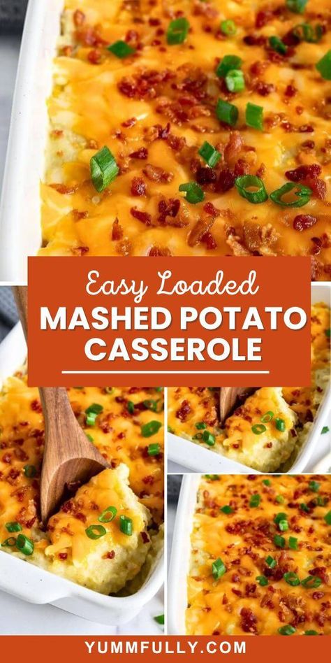 This is a perfect make-ahead Loaded Mashed Potato Casserole for the holidays or any get-together. Creamy, smooth, and loaded with crunchy bacon, melty Colby Jack cheese, and freshly sliced green onions, this recipe is a must-keep for special occasions! Potato Caserole, Easy Loaded Mashed Potatoes, Bacon Side Dishes, Mashed Potato Casserole Recipes, Loaded Potato Casserole, Loaded Mashed Potato Casserole, Fluffy Mashed Potatoes, Mashed Potato Casserole, Loaded Mashed Potatoes