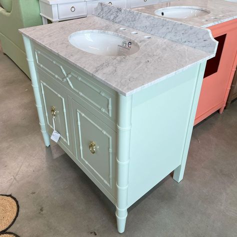 Poppys Of Macon | NEW | Your bathroom NEEDS this! POPPYS LINE faux bamboo single vanity!! Lacquered in van allen green! 🫧 $2,850 Dimensions: 36.5 wide x... | Instagram Bamboo Vanity Bathroom, Bamboo Bathroom Vanity, Bamboo Vanity, Florida Furniture, Bathroom Needs, Bamboo Bathroom, Vintage Chinoiserie, Beach Bath, Double Sink Vanity