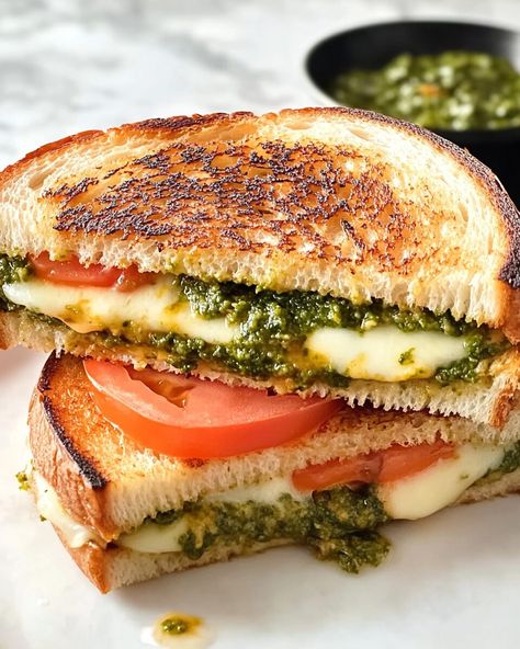 Pesto Grilled Cheese Sandwich Pesto Grilled Cheese Sandwich, Sourdough Crust, Pesto Grilled Cheese, Different Types Of Bread, Sweet Potato And Apple, Patty Melt, Beef Tips, Pickled Veggies, Salad With Sweet Potato