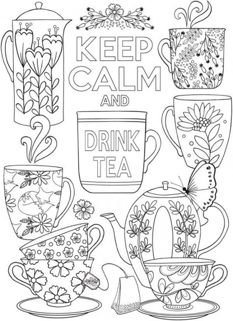 Keep Calm and Drink Tea Coloring Page | Craft Gossip | Bloglovin’ Keep Calm And Drink, Dover Publications, Adult Colouring Pages, Coloring For Adults, Gift Drawing, Pola Sulam, Drink Tea, 자수 디자인, Adult Colouring