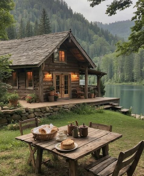 Cozy House In The Mountains, Off Grid Cabin Aesthetic, House In Mountains Aesthetic, Living In The Country Aesthetic, Cabin In The Woods By A Lake, Dream House Countryside, Cozy Mountain Cottage, Aesthetic Cabin In The Woods, Rustic Cabins In The Woods Interior