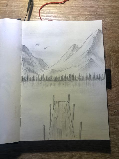 Waterfall Drawings Easy, Alaska Drawing Easy, Lake Pencil Drawing, Drawing Ideas Outdoors, Lake Sketch Pencil, Scenic Drawings Easy, Mountain And Lake Drawing, Easy Landscapes To Draw, Lake Drawings Sketches