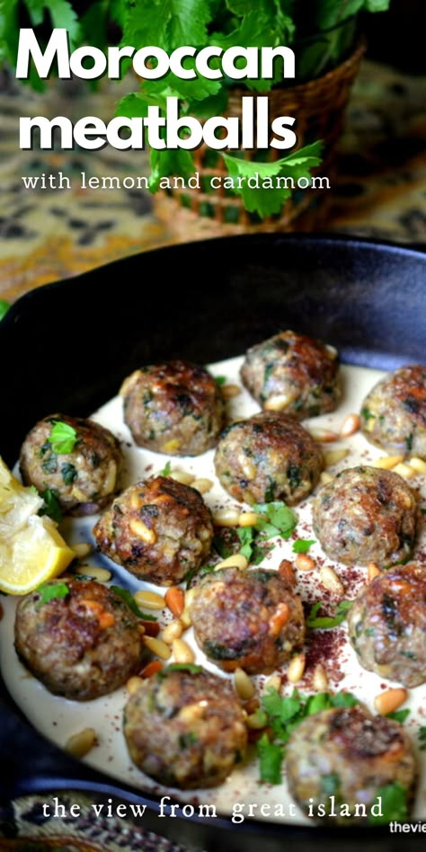 Indian Lamb Meatballs, Greek Lamb Meatballs Recipe, Mediterranean Lamb Meatballs, Lamb And Beef Meatballs, Moroccan Meatballs Recipes, Zaatar Meatballs, Tahini Meatballs, Moroccan Dinner Recipes, Middle Eastern Lamb Recipes