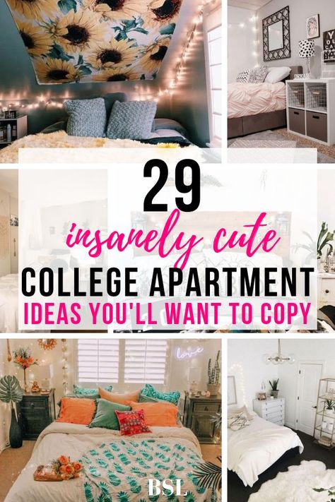 adding all these college apartment bedroom ideas to my pinterest board. love them College Apartment Must Haves, Small College Apartment, College Apartment Decor Living Room, Living Room College Apartment, Cute College Apartment, Bedroom College Apartment, Apartment Living Room College, College Apartment Essentials, College Apartment Checklist