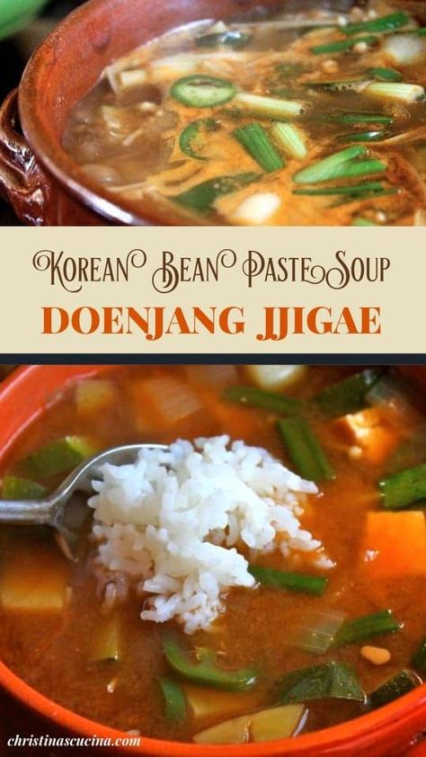 Doenjang Jjigae, also known as Korean Bean Paste Soup is such a healthy, nutritious, spicy, tasty and comforting dish. If you can get your hands on bean paste, put this on your menu asap. Korean Bean Paste Soup, Soy Bean Paste Soup Korean, Korean Bean Sprout Soup, Soy Bean Paste Recipes, Bean Sprout Soup, Doenjang Jjigae, Sprout Soup, Recipes Using Beans, Veg Soup Recipes