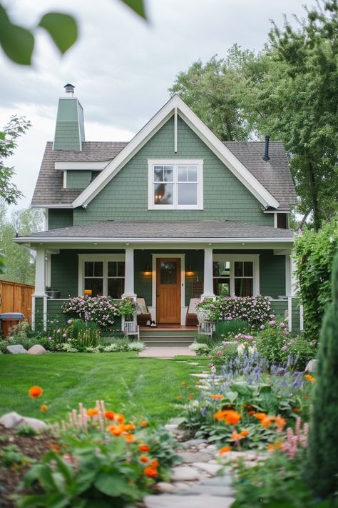 Green Exterior White Trim, Outside Of House Paint Ideas, Minimal Traditional Home Exterior, Light Green Home Exterior, Green House Porch, Pnw House Exterior, Green House Exterior Ideas, Green Colored House, House Exterior With Porch