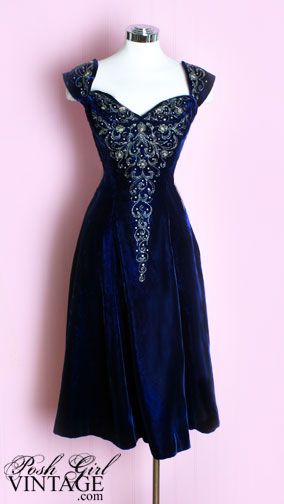 1950's Blue Velvet Beaded Dress Jacques Fath, Fashion 1950s, Vintage 1950s Dresses, Vintage Clothing Online, 50s Dresses, 1950s Dress, Moda Vintage, 1950s Fashion, Look Vintage