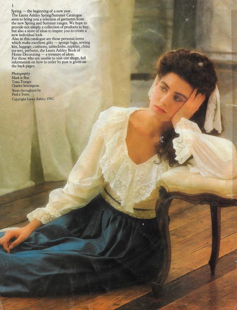 First page of the Spring/Summer Laura Ashley 1983 Catalog -- swiss dot voile blouse with swiss lace. Laura Ashley Catalogue, 1980s Laura Ashley, Laura Ashley Aesthetic, Laura Ashley 1980s, Laura Ashley 80s, Room Selfies, Laura Ashley Vintage Dress, Laura Ashley Fashion, Catalog Fashion