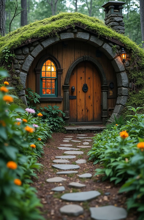 Enchanting Hobbit-style home in the forest! 🌳🌿🌼 Browse more at amazingabodes.com Hobbit Hole Interior Aesthetic, Hobbit House Design, Hobbit Cottage Interior, Tiny Hobbit House, Tiny House Castle, Hobbit House Exterior, Hobbit Core House, Lord Of The Rings Inspired Home, Tiny Forest House