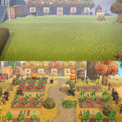 Acnh Crops Farm Design, Acnh Community Garden Ideas, Farm Designs Acnh, Acnh Island Farm Ideas, Acnh Island Designs Garden, Farm In Animal Crossing, Acnh Farm Inspiration, Farm Design Acnh, Farm Theme Animal Crossing