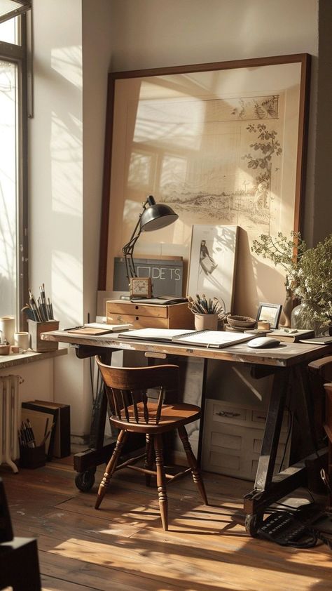 Vintage Library Office, Writers Apartment, Vintage Desk Aesthetic, Cozy Office Aesthetic, Vintage Desk Setup, Books On Desk, Writer Room, Desk Vignette, Writers Home