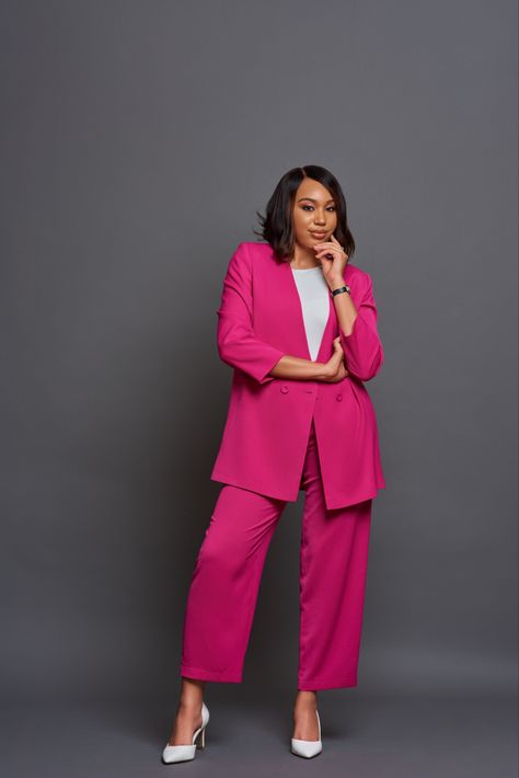 Pink suit from Roman, hot pink blazer and pants | Black woman fashion Pink Suit Photoshoot, Hot Pink Suit Women, Casual Outfits For Black Women, Hot Pink Shirt Outfit, Pink Trousers Outfit, Pink Power Suit, Hot Pink Suit, Pink Suits Women, Black Woman Fashion