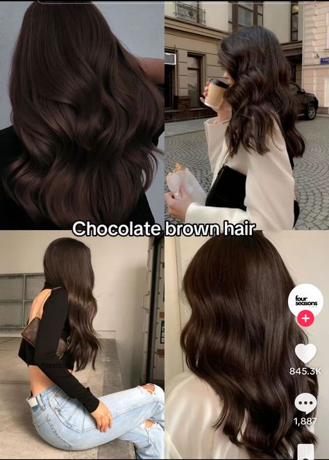 Dark Brown Solid Hair Color, What Color Hair For Brown Eyes, Soft Chocolate Hair Color, Hershey Chocolate Hair Color, Hair Color Ideas Dark Brown Highlights, Long Dark Brown Wavy Hair Natural, Dark Brown Hair Color Inspiration, Glazed Chocolate Brown Hair, Pretty Hair Colors For Brunettes