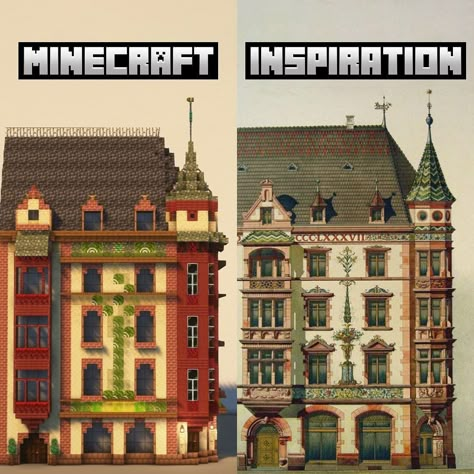 Vibibg w cubes • Instagram European Minecraft Builds, New Orleans Minecraft, Minecraft 1800s City, Minecraft Modern Design, Minecraft Historical Buildings, Minecraft Alley, Minecraft Art Deco, Town Square Minecraft, Minecraft Venice