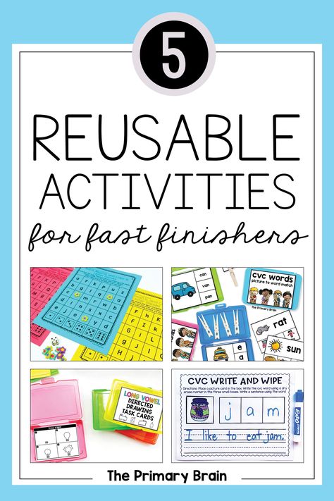 Do you have students in your classroom who always finish their classwork before their peers have finished? In this blog post, I share my 5 favorite reusable early finishers activities for kindergarten, 1st, and 2nd grade so you can keep these students engaged in meaningful learning opportunities. Grab some tips for keeping fast finisher materials organized with no prep roll and read printables, write and wipe lessons, phonics clip cards for task boxes, & directed drawings paired with writing. Fast Finisher Activities Preschool, Early Finisher Activities Kindergarten, Kindergarten Fast Finisher Activities, Fast Finishers Kindergarten, 2nd Grade Early Finisher Activities, Kindergarten Early Finishers Activities, Early Finishers Activities 1st Grade, Early Finishers Activities 2nd Grade, Early Finishers Kindergarten