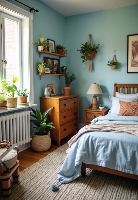 Light Blue Boho Bedroom Blue And Tan Bedroom Decor, Blue Room Green Accents, Boho Bedroom With Blue Walls, Modern Coastal Bedroom Ideas Blue, Light Blue Bed Frame Bedroom Ideas, Light Blue Small Bedroom, Bedroom Interior Color Combination, Greenish Blue Bedroom, Blue White Brown Bedroom