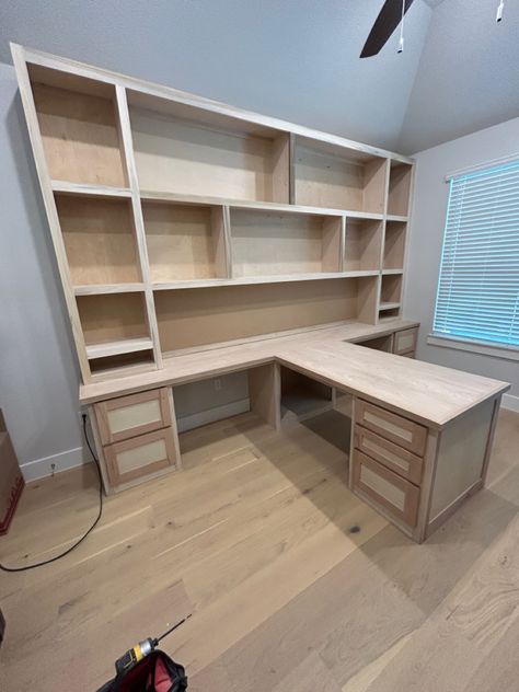 L Shape Desk Built In, Toy Room Built Ins, Shared Home Office Layout, Shared Office Space Ideas Home, T Shaped Desk For Two, Double Office Ideas Layout, Dining Room To Office, Office Craft Room Combo, Office Layouts