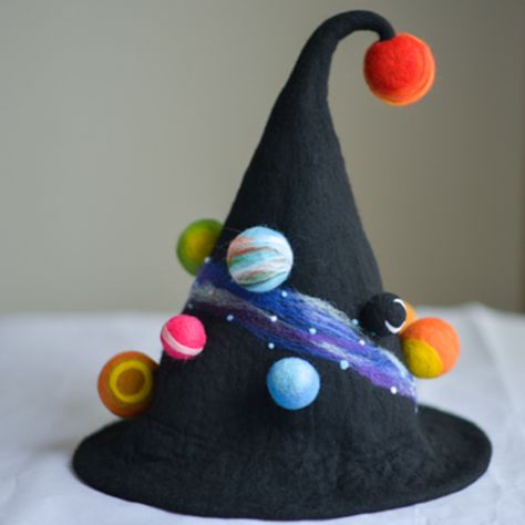 Handmade felted needle felted galaxy witch wool Hat Halloween costume witch costume Handmade Felt Hats, Felt Witch Hat, Crazy Hat Day, Baby Kostüm, Hat Day, Witch Hats, Witch Halloween Costume, Crazy Hats, Witches Hat