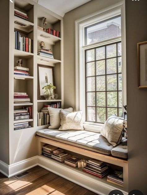 Reading Nook Living Room Window, Corner Window Seat Bedroom, Cozy Window Seat Reading Nook, Cozy Reading Nook Window, Built In Bench Reading Nook, Reading Corner Built In, Home Library With Window Seat, Beach House Reading Nook, Cosy Window Seat