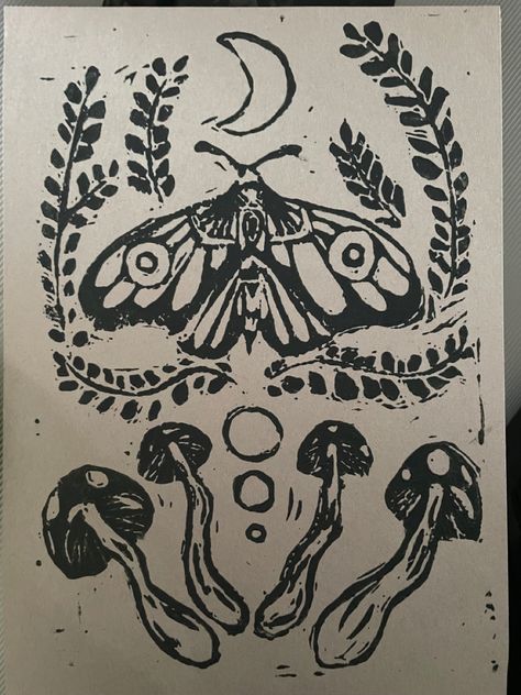 Vintage Linocut Illustration, Mushroom Relief Print, Linoleum Print Mushroom, Linoprint Mushroom, Printmaking Mushroom, Moth Block Print, Mushroom Printmaking, Printmaking Ideas Simple, Linoleum Block Printing Ideas