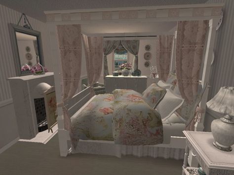 Shabby Chic Bedroom view 2. Virtual Room Design Home Décor using The Sims 2. Bloxburg Coquette, Sims 2 Bedroom, High Room Ideas, Cottage Core Bloxburg House, Shabby Chic House, Virtual Room, Bedroom View, Fancy Bedroom, Blox Burg