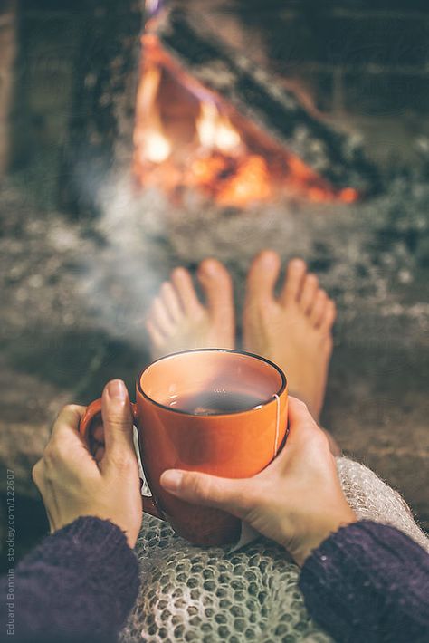 Woman relaxing with cup of tea in front fireplace. by Eduard Bonnin Winter Fireplace, Woman Relaxing, Instagram Look, Relaxing Day, Simple Pleasures, Autumn Inspiration, Moscow Mule Mugs, Tea Lover, Me Time