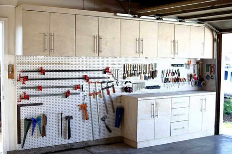 How to Install and Organize DIY Pegboard Wall - TheDIYPlan Diy Pegboard Wall, Garage Wall Cabinets, Diy Pegboard, Pegboard Garage, Lumber Sizes, Pegboard Wall, Garage Wall Storage, Diy Garage Storage Cabinets, Basement Workshop