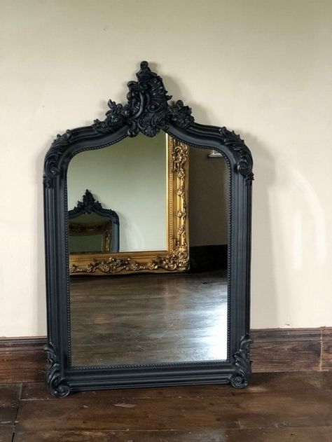 The Annecy Mirror - Matt Black 4FT High £189.00 - Mirrors - Black Mirrors Chateau Luxury Furniture And Mirrors, Rococo, Reproduction, Antique, Baroque and French Style Specialist Black Ornate Mirror, Black Vintage Mirror, Black Antique Mirror, Black And White Salon, Large Black Mirror, Cute Room Decor Ideas, French Vintage Mirror, Tim Burton Vibes, White Salon