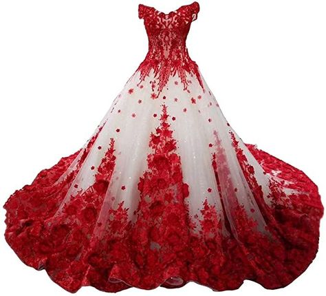 Wedding Dress Red Accent, Red And White Princess Dress, Wedding Dresses With Red Roses, Red And White Wedding Dress Lace, Wedding Dresses Plus Size Red, Wedding Dress Red And White, Plus Size Wedding Dresses Red, Wedding Dress With Roses On It, Queen Of Hearts Wedding Dress