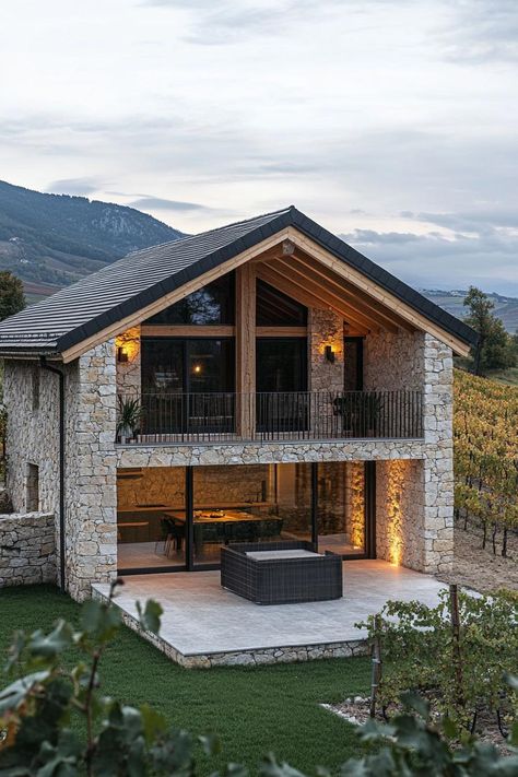 Modern French chalet house facade with geometric stone ground floor and timber chalet second floor provencal vineyard in the background. Check out all of these charming French chalet house exteriors that perfectly blend rustic elegance and cozy, alpine vibes. Timber And Stone Houses, Rustic Modern Home Exterior, Modern Chalet Exterior, Modern Houses Exteriors, Small Chalet Design, Modern Old House, 3 Floor House Design Exterior, Modern Chalet Architecture, Modern Stone House Exterior