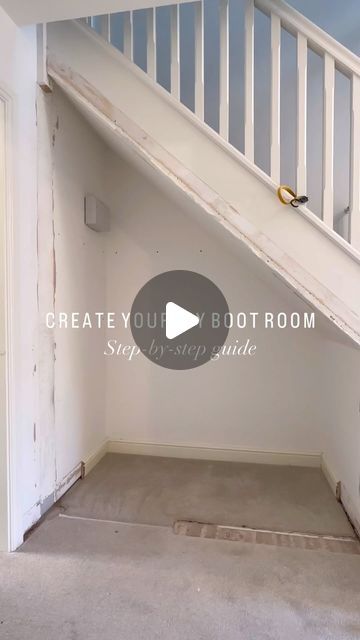 Katie Goulbourn on Instagram: "DIY BOOT ROOM STEP BY STEP 🪚   We aren’t the quickest DIYers here, having taken the wall out back in 2021 and completing the project earlier this year! But this page is here to help you with both ideas and how to guides to complete your own projects at home, so I’ve pulled together as much content as I could from my camera roll, and included step-by-step instructions as to how we created this space.   Here we go: 1. Remove skirting boards, if possible keep in good condition for reusing at the end!  2. Create a sturdy wooden base the depth of the kallax (so the Kallax unit sits flush on top of the base) and a few cm’s shorter than the skirting board, which you will place infront of the base at the end  3. Place the Kallax unit on top of the base  4. Cut small Downstairs Storage Ideas, Understairs Coat Storage Ideas, Under Stairs Doors Diy, Understairs Boot Room Ideas, Ikea Pax Hack Under Stairs, Kallax Boot Room, Hallway Unit Ideas, Under Stairs Curtain Ideas, Kallax Boot Room Hack