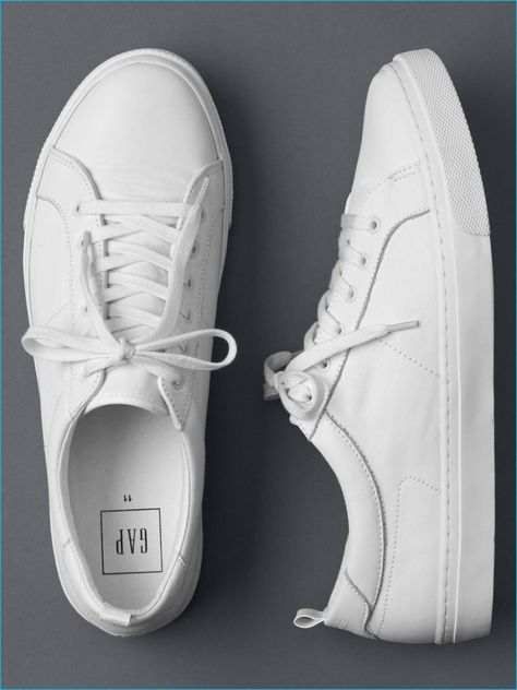 Gap White Leather Sneakers Trendy Shoes For Men, White Shoes Outfit, Mens Sport Sneakers, Mens Fashion Sneakers, White Sneakers Men, White Casual Shoes, White Tennis Shoes, Gap Men, White Leather Sneakers