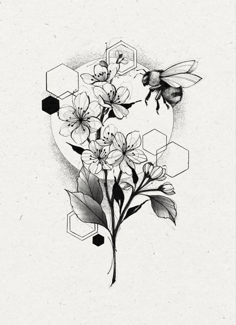 Bee And Flower Tattoo, Dotwork Tattoo Mandala, Honeycomb Tattoo, Bumble Bee Tattoo, Bee Drawing, Mom Tattoo, Sketch Tattoo Design, Tatuaje A Color, Floral Tattoo Design