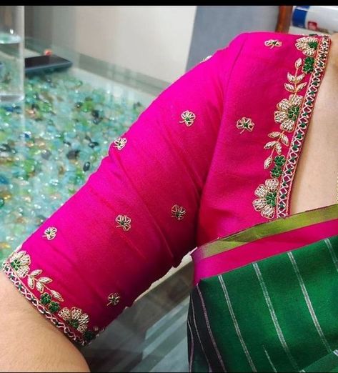 Simple Silk Blouse Designs Latest, Raglan Sleeve Blouse For Saree, Embroidery Work Design Blouse, New Simple Blouse Designs, Very Simple Blouse Designs, Blouse Designs With Work, Aari Work Blouse Simple Design New Model, Green Saree Pink Blouse Designs, Work For Blouse Designs