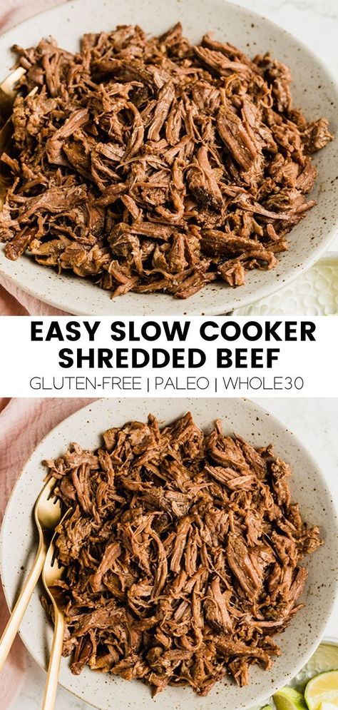 This easy shredded beef is perfect for simply prepping shredded beef for tacos, hashes, and more! It’s made with minimal ingredients in the instant pot or the slow cooker. Paleo Shredded Beef, Shredded Beef For Tacos Slow Cooker, Crockpot Shredded Beef Recipes, Healthy Shredded Beef Recipes, Chuck Roast Shredded Beef, Shredded Beef Crock Pot, Shredded Beef Bowls, Shredded Beef Slow Cooker, Shredded Beef Tacos Crockpot