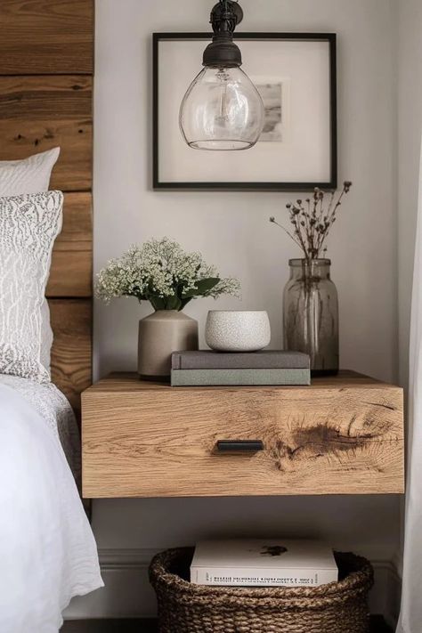 "Upgrade your bedroom with sleek DIY Floating Nightstands! 🛠️✨ #HomeDIY #FloatingFurniture #NightstandDIY" Floating Nightstand Bedroom, Boho Nightstand Decor, Floating Nightstand Diy, Boho Nightstand, Floating Nightstands, Nightstand Bedroom, House Flip, Diy Nightstand, Night Stands